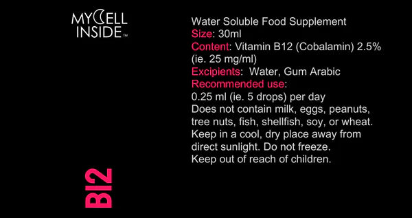 Bottle with a black label displaying "Mycell Inside Vitamin B12 30ml" in pink, described as a high absorption supplement; usage instructions and ingredients are visible, available at Fisa Health.