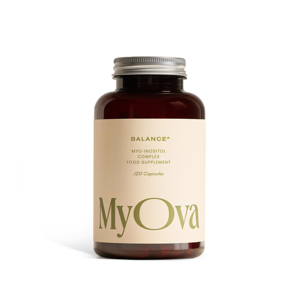 A brown bottle of My Ova Balance Supplement with 120 capsules and a beige label, featuring ashwagandha, available at Fisa Health.