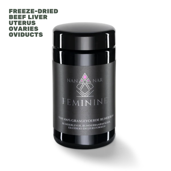 A black jar with the label Nannar Feminine displays ingredients including freeze-dried beef liver, uterus, ovaries, and oviducts, available at Fisa Health.