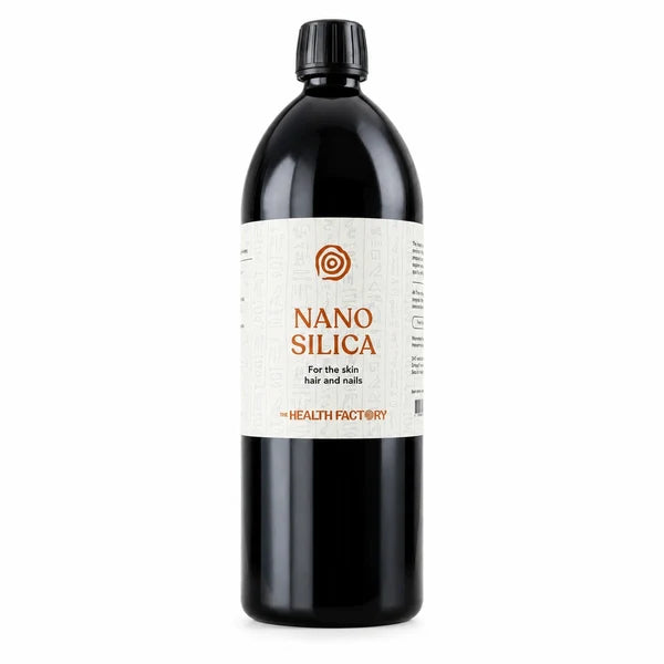 A black bottle labeled Nano Silica by The Health Factory with a black cap, shown against a white background, available at Fisa Health.