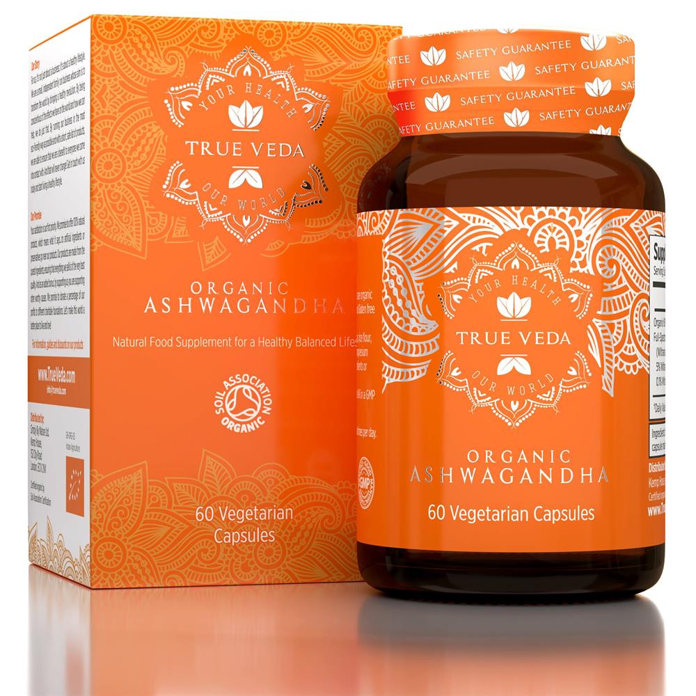 A bottle and box of True Veda Ashwagandha, featuring an orange design, 60 capsules, organic, vegan, non-GMO certifications visible; available at Fisa Health.