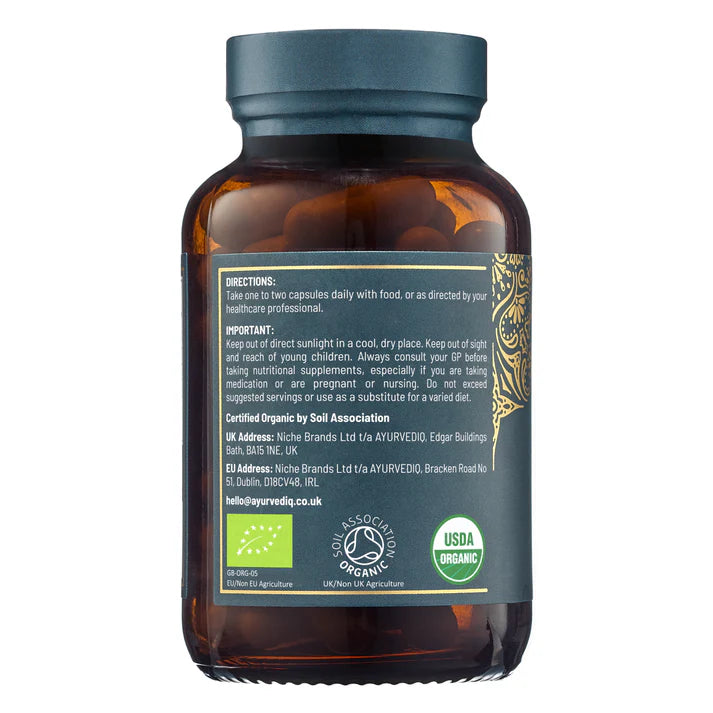 A brown glass bottle labeled Organic Neem Leaf - 60’s, featuring directions and organic certification logos, available at Fisa Health.