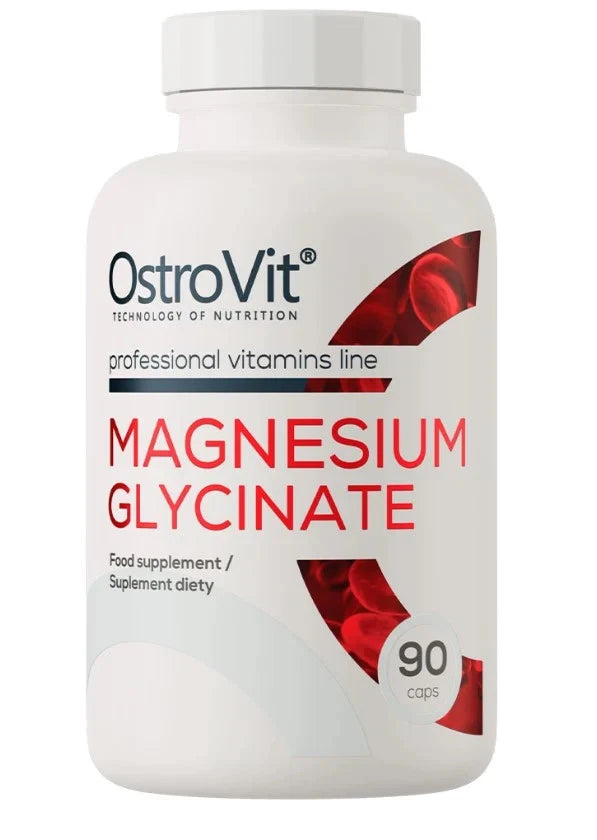 White plastic bottle of OstroVit Magnesium Glycinate 90 Capsules, available at Fisa Health.