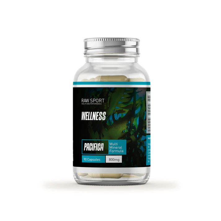 A clear bottle of Raw Sport Pacifica – Multi-Mineral Support Formula vegan capsules with a leafy label, silver lid, and 90 x 800mg capsules, available at Fisa Health.