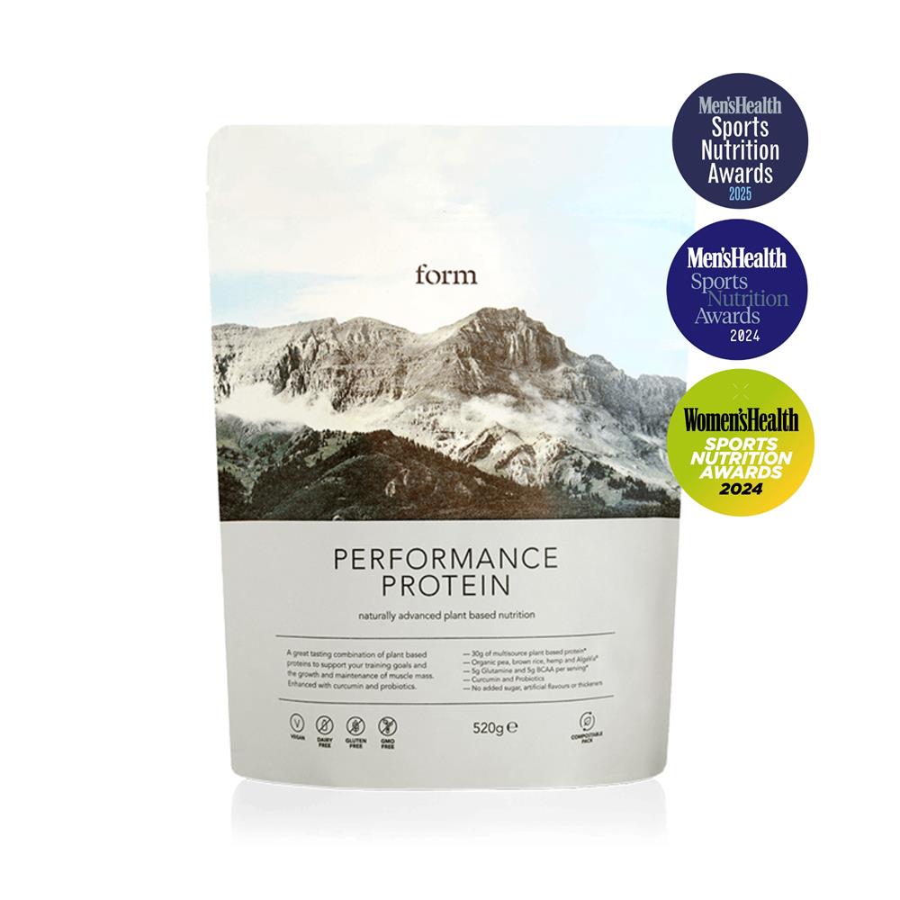 Form Nutrition Performance Protein 520g pouch with mountain design, award stickers, and detailed amino acid profile on the packaging, available at Fisa Health.