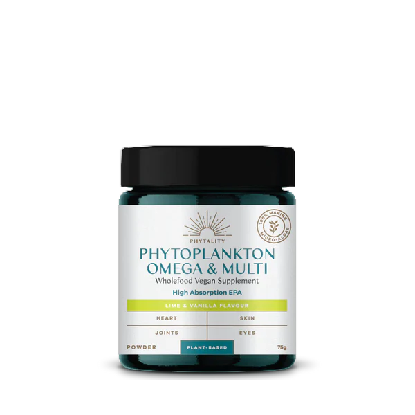 FISA Health Phytoplankton Powder Omega & Multi - Lime & Vanilla is a fish-free omega-3 and plant-based multivitamin in a container with lime and vanilla flavor, available at Fisa Health.