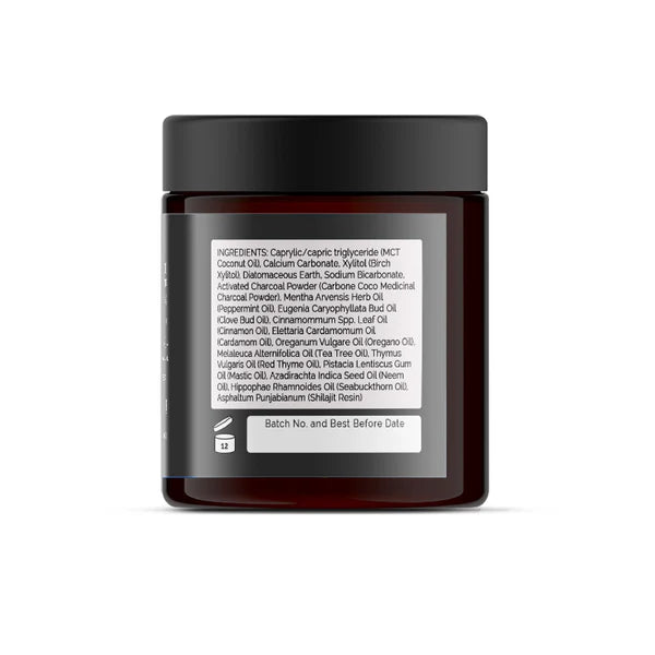 A brown jar of Pitch Black Toothpaste (60ml) with a white back label displaying ingredients, batch number, and best before date, available at Fisa Health.