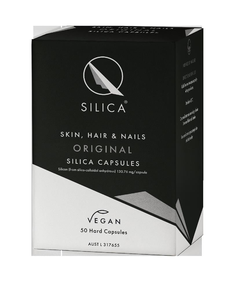A black and white box of QSilica Skin Hair Nails Original Tablets, vegan formula, 50 tablets, available at Fisa Health.