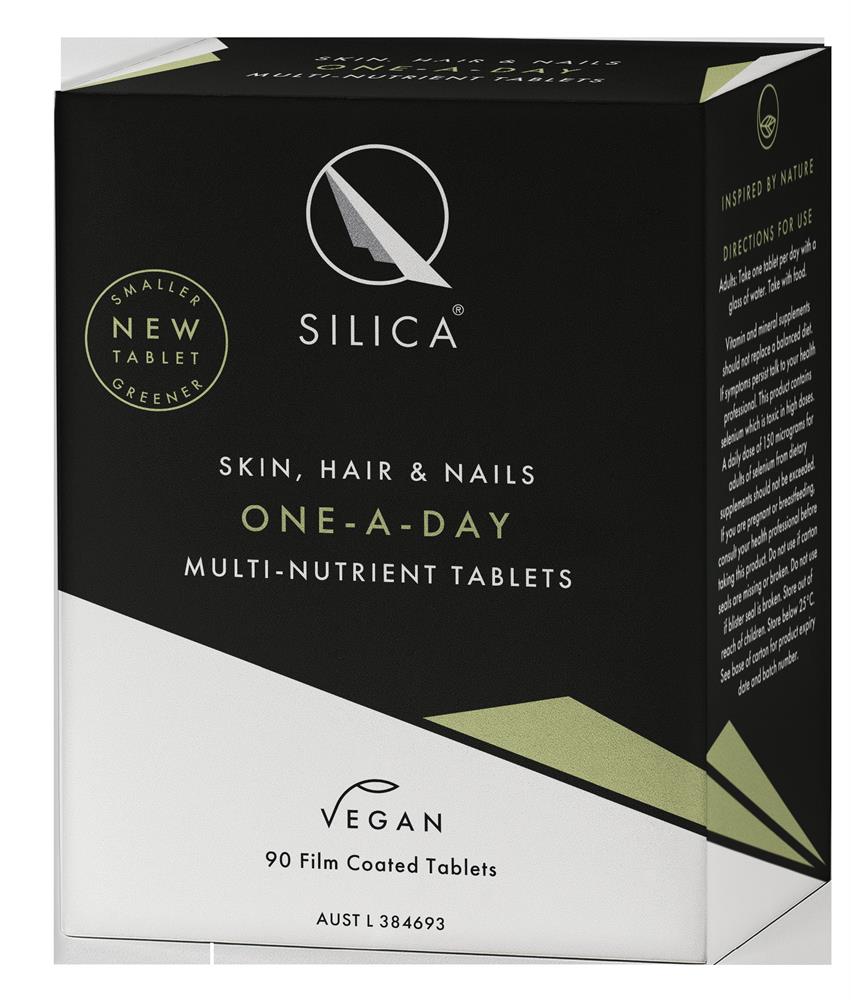 QSilica Skin, Hair & Nails One-a-day tablets, 90-count bottle. Vegan formula in green packaging for daily use by QSilica, available at Fisa Health.