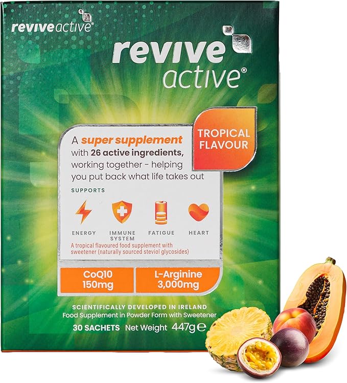 A box of Revive Active Tropical Multi-Nutrient Sachets (30), featuring images of pineapple, passion fruit, and papaya. The packaging notes CoEnzyme Q10 is included, available at Fisa Health.