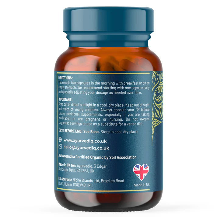 A brown bottle labeled "Shilajit and Ashwagandha - 60 Capsules" displays product information, usage instructions, certification details, and a UK flag. Available at Fisa Health.
