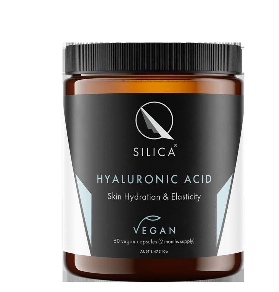 A brown QSilica Hyaluronic Acid 60 Capsules jar with a black lid, labeled vegan, showing packaging for a 2 months’ supply, available at Fisa Health.