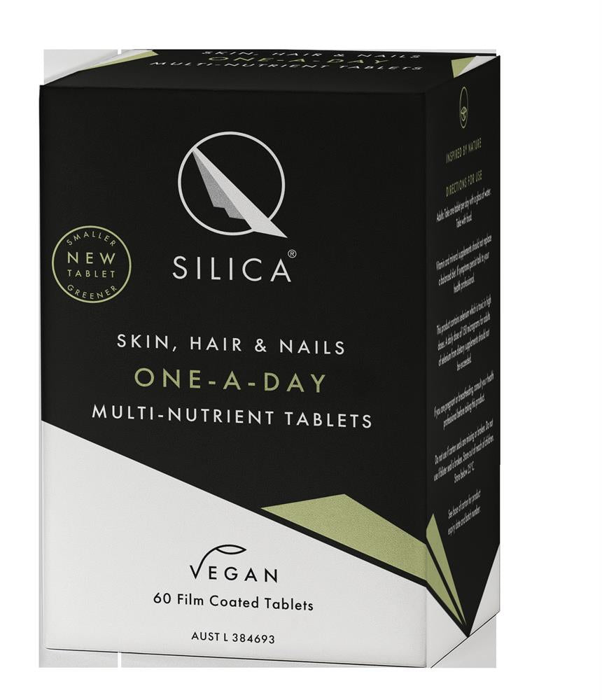 A box of QSilica Skin, Hair & Nails One a Day vegan tablets by QSilica, containing 60 film-coated tablets, available at Fisa Health.