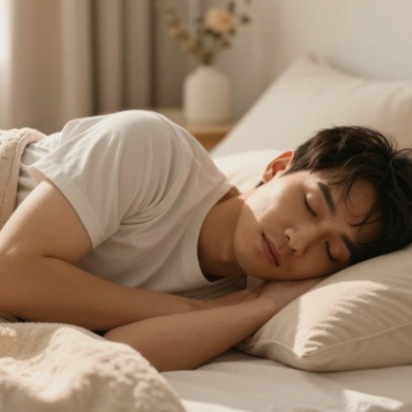 A young man rests on a bed with the Sleep Bundle arranged nearby in a softly lit room, available at Fisa Health.