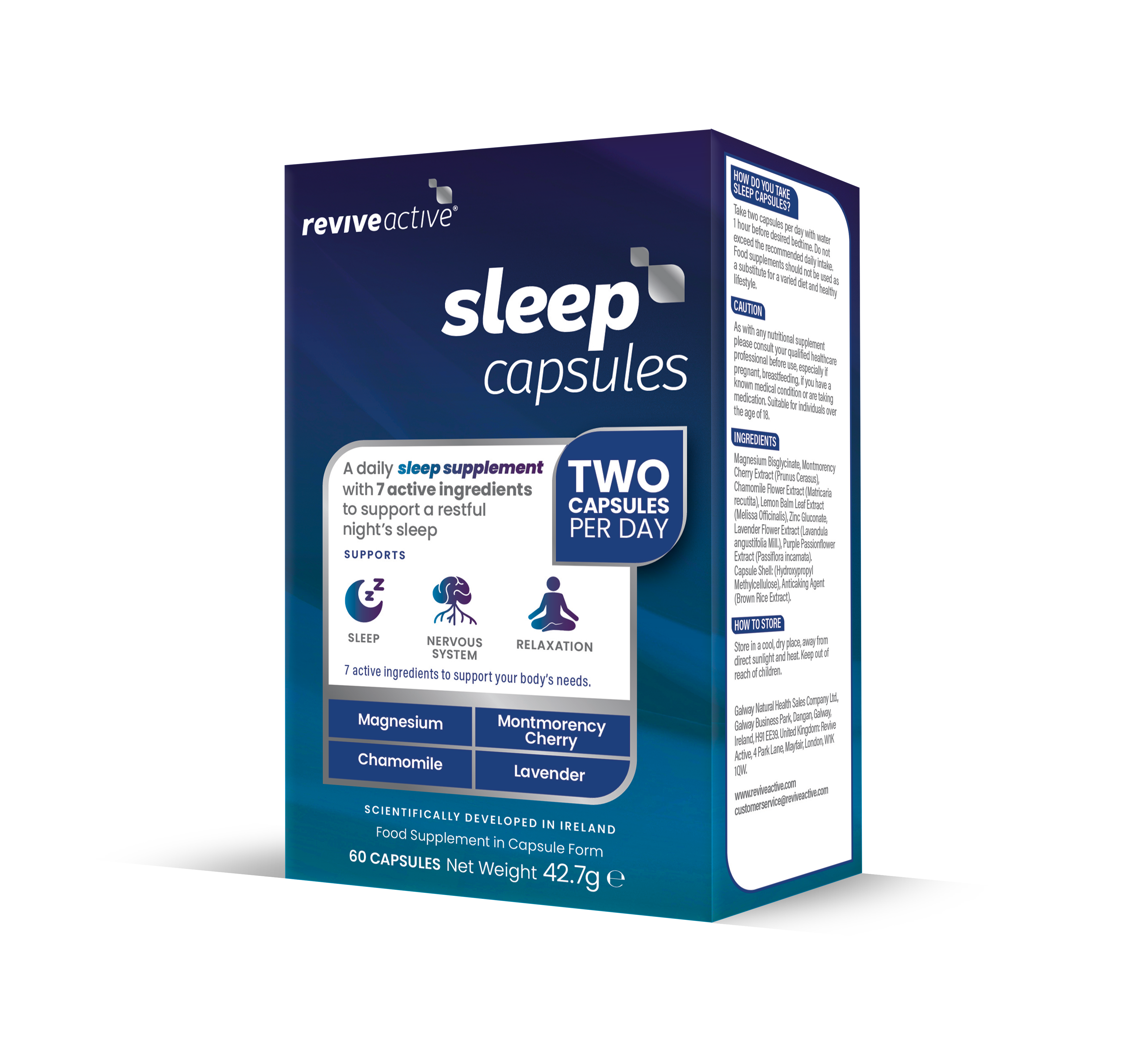 A box of Revive Active Sleep Capsules featuring ingredients such as magnesium, chamomile, cherry, and lavender. The label indicates to take two capsules daily, available at Fisa Health.