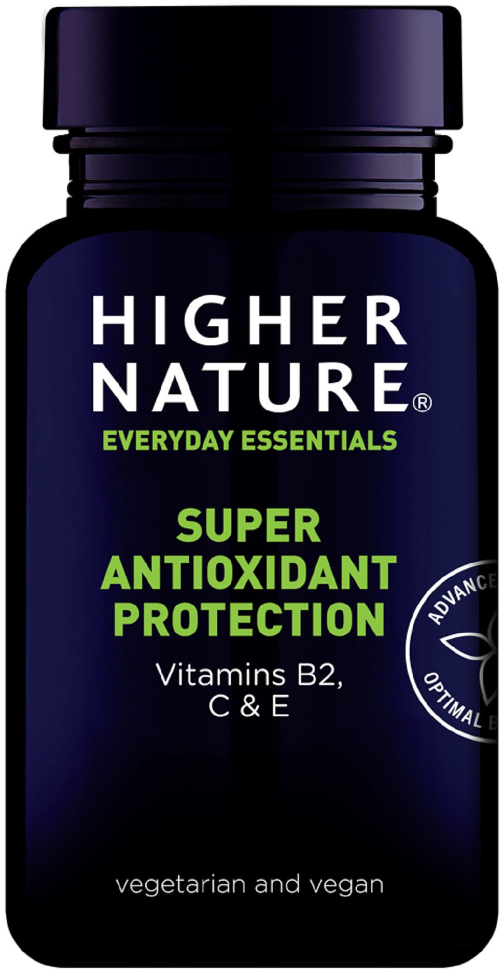 Higher Nature Super Antioxidant Complex 180 Tablets bottle displayed, contains vitamins B2, C, and E; label states suitable for vegetarians and vegans, available at Fisa Health.