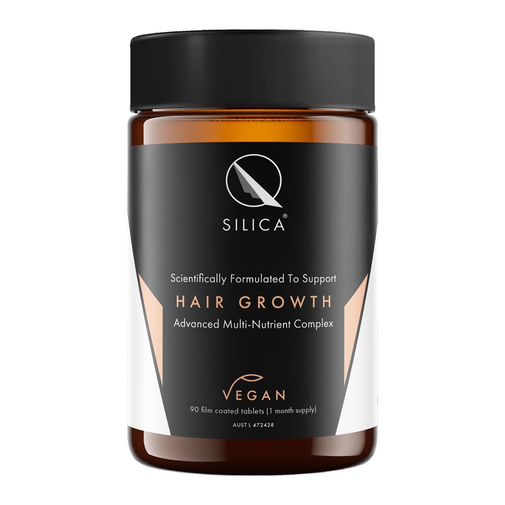 A black and brown bottle labeled QSilica Hair Growth 90 tablets, a vegan dietary supplement from QSilica, available at Fisa Health.