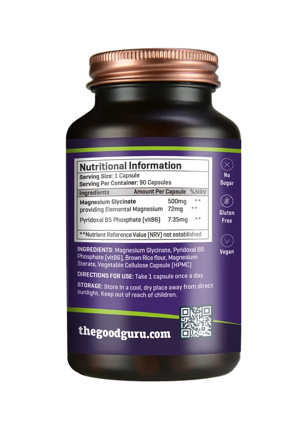 Dark brown bottle of The Good Guru Magnesium Glycinate + Vitamin B6 90 Capsules with a purple label displaying product information, available at Fisa Health.