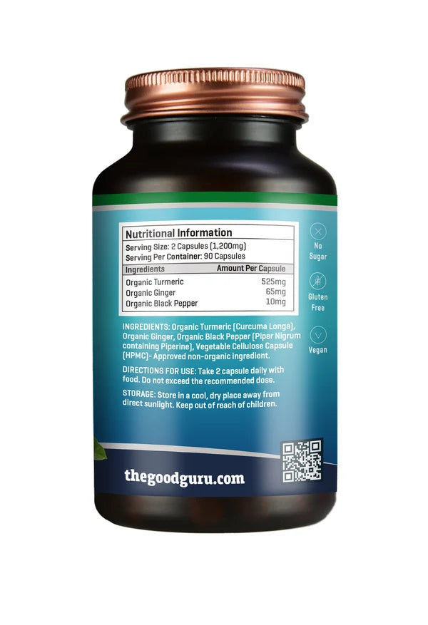 The Good Guru Organic Turmeric, Ginger & Black Pepper (90 capsules). Sugar-free, gluten-free, vegan. Available at Fisa Health.