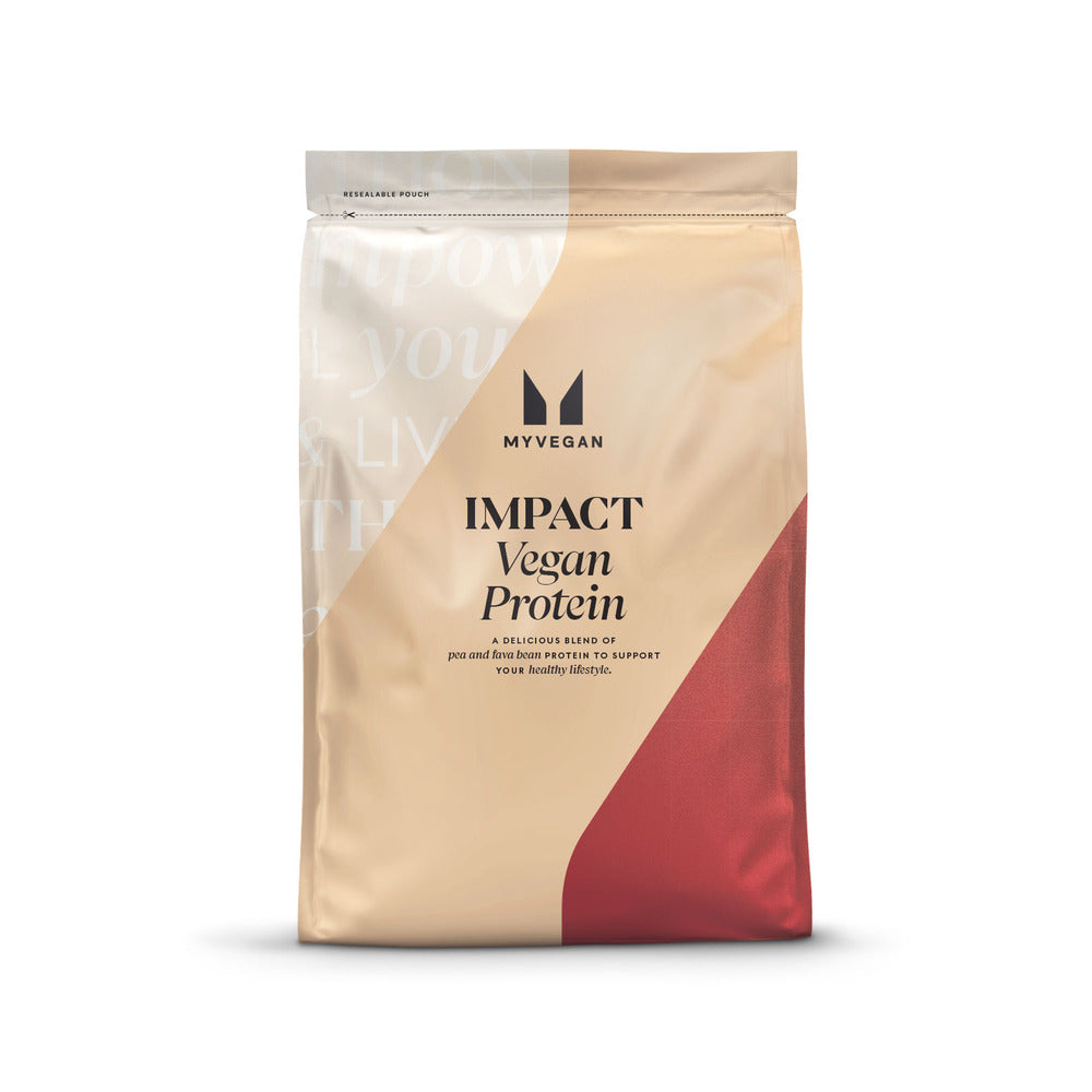 A beige and red resealable pouch labeled Myprotein Vegan Protein Blend Coffee & Walnut 1kg, with product details printed on the front, available at Fisa Health.