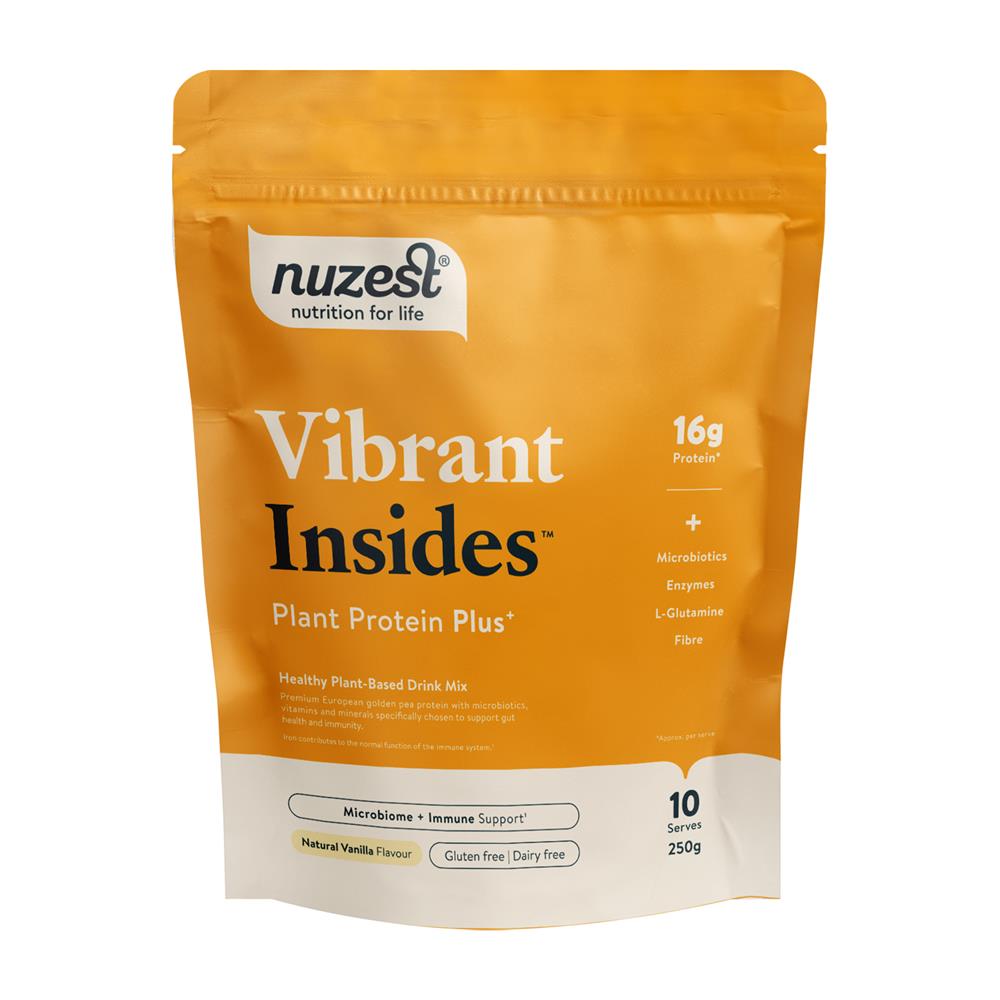 Nuzest Protein Plus Vibrant Insides Vanilla 300g with 16g plant protein per serving, gluten and dairy free, natural vanilla flavor, 10 servings, available at Fisa Health.