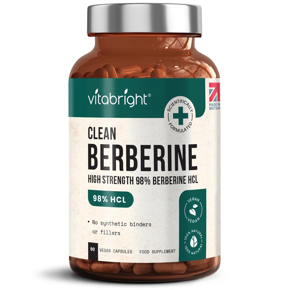 Amber plastic bottle of Vitabright High Strength 98% Berberine HCL Capsules - 90 Capsules with a white label, available at Fisa Health.