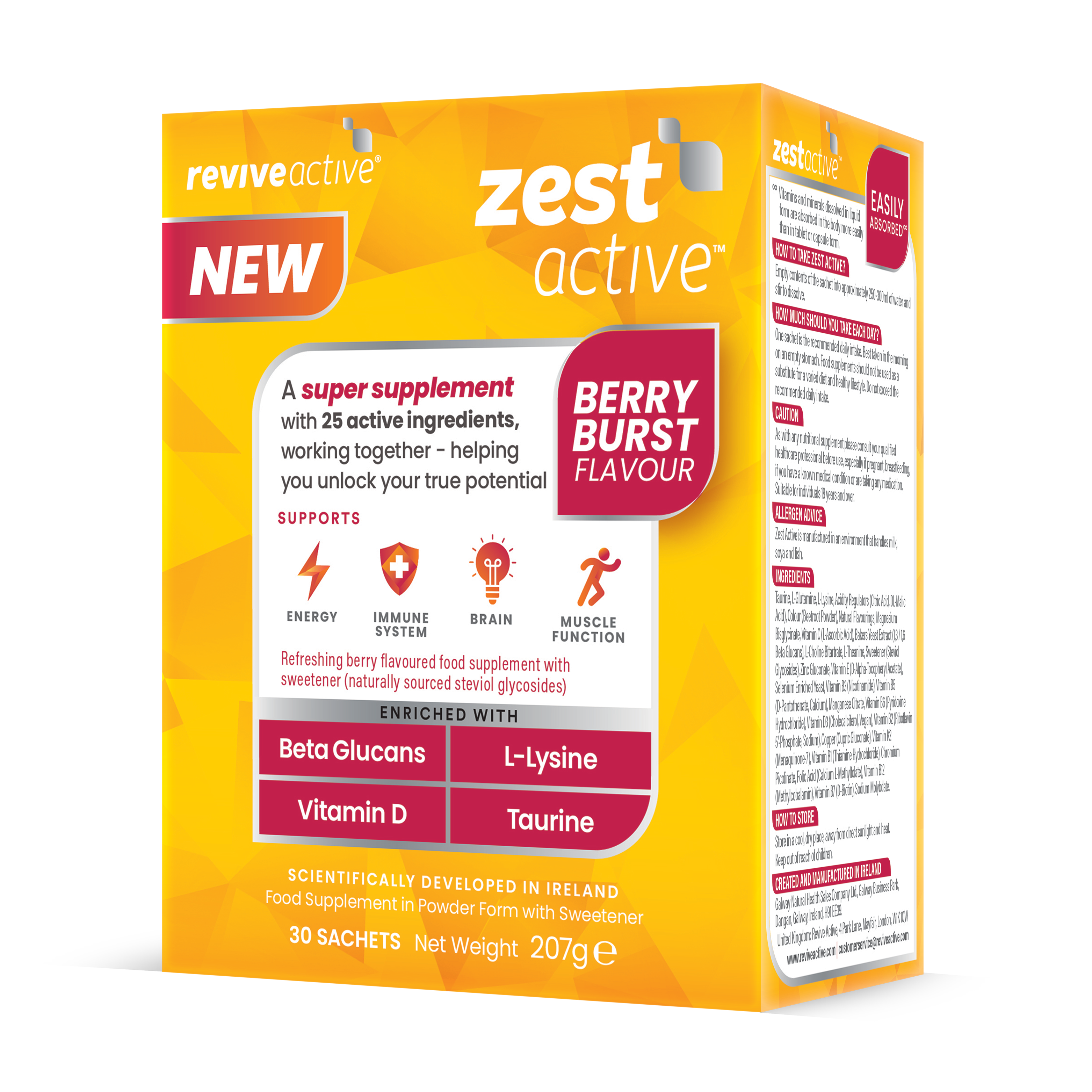 Vibrant box of Revive Zest Active- Berry Burst, a food supplement featuring vitamins, minerals, key ingredients, and serving details on the packaging, available at Fisa Health.