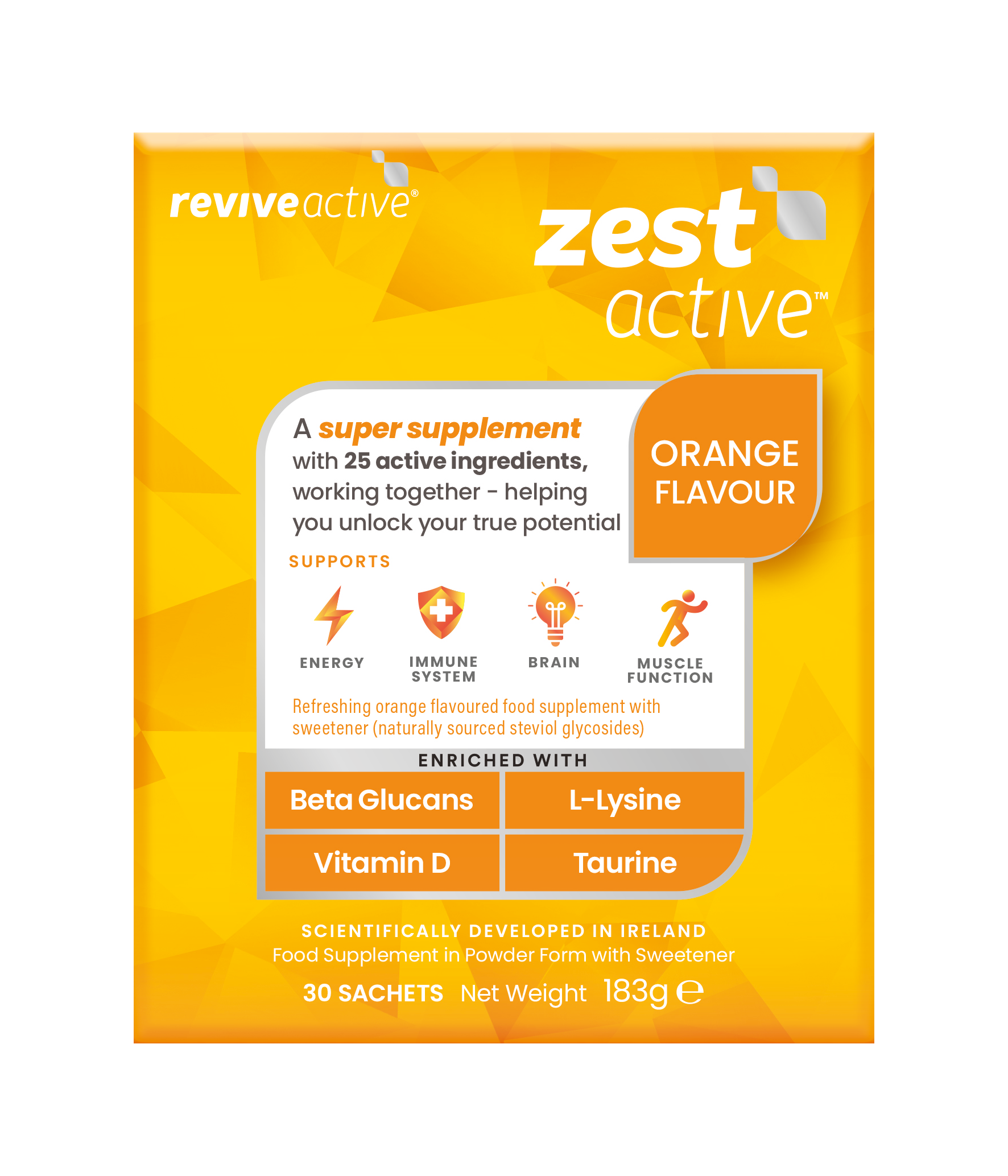 Revive Zest Active - Orange supplement, shown as a box of 30 sachets with orange accents and branding, available at Fisa Health.