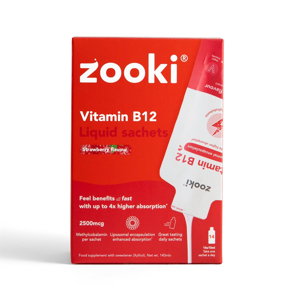 Red box of Zooki Vitamin B12 2500mcg Strawberry 14 x 10ml sachets, a strawberry-flavored liquid supplement, available at Fisa Health.