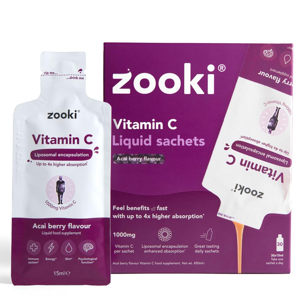 Zooki Vitamin C 1000mg Acai Berry 30 x 15 ml sachets, available at Fisa Health.