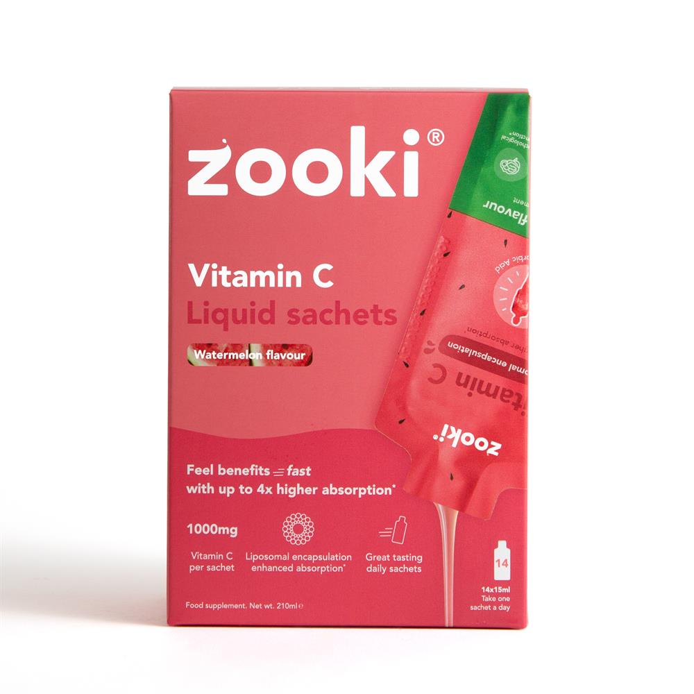 A box of Zooki Vitamin C 1000mg Watermelon 14 x 15ml sachets and one single sachet, available at Fisa Health.