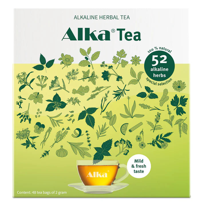 Box of Alka® Tea, a caffeine-free herbal tea featuring a blend of 52 alkaline herbs, with mild and fresh taste notes shown on the packaging along with herb illustrations, available at Fisa Health.
