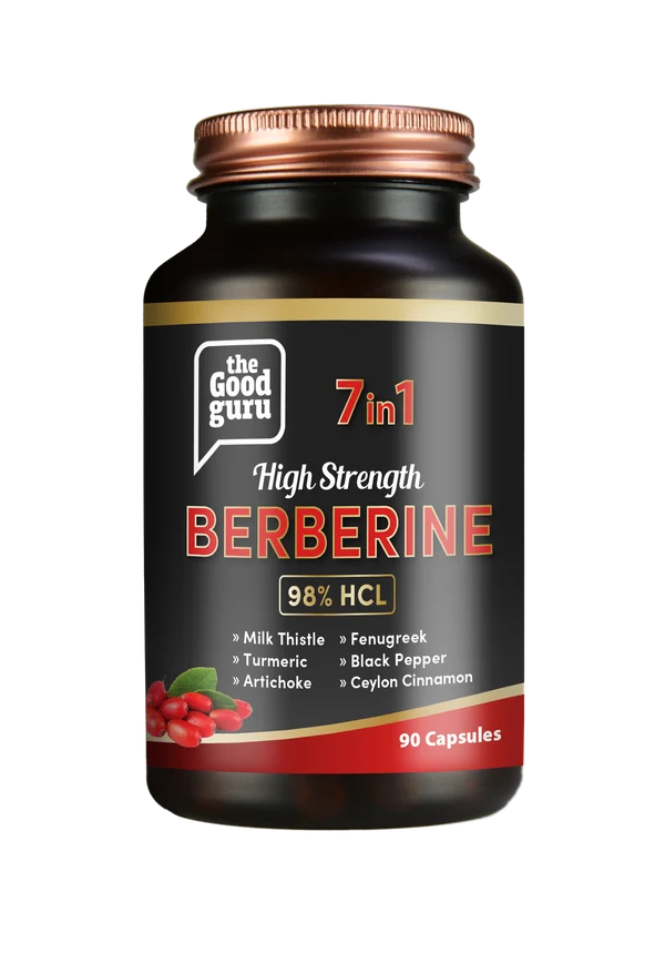 Amber bottle of The Good Guru High Strength Berberine HCL 98% 90 capsules with a list of botanical ingredients, available at Fisa Health.
