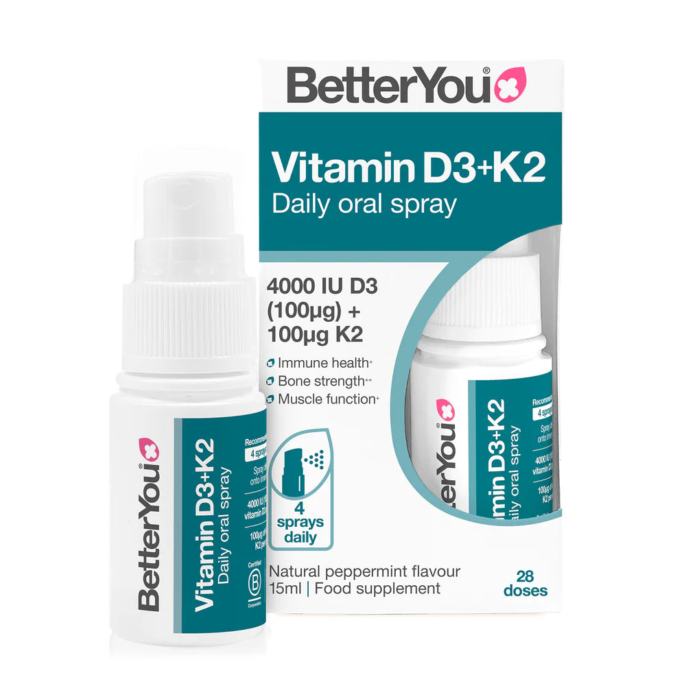 BetterYou Vitamin D3 4000iu + K2, 4000 IU D3 and 100 μg K2 per dose, peppermint flavor, 15ml bottle with 28 doses, available at Fisa Health.