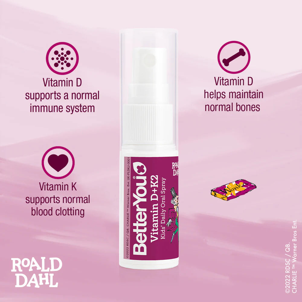 BetterYou Vitamin D + K2 Kids' Oral Spray bottle with Roald Dahl branding and playful illustrations, available at Fisa Health.