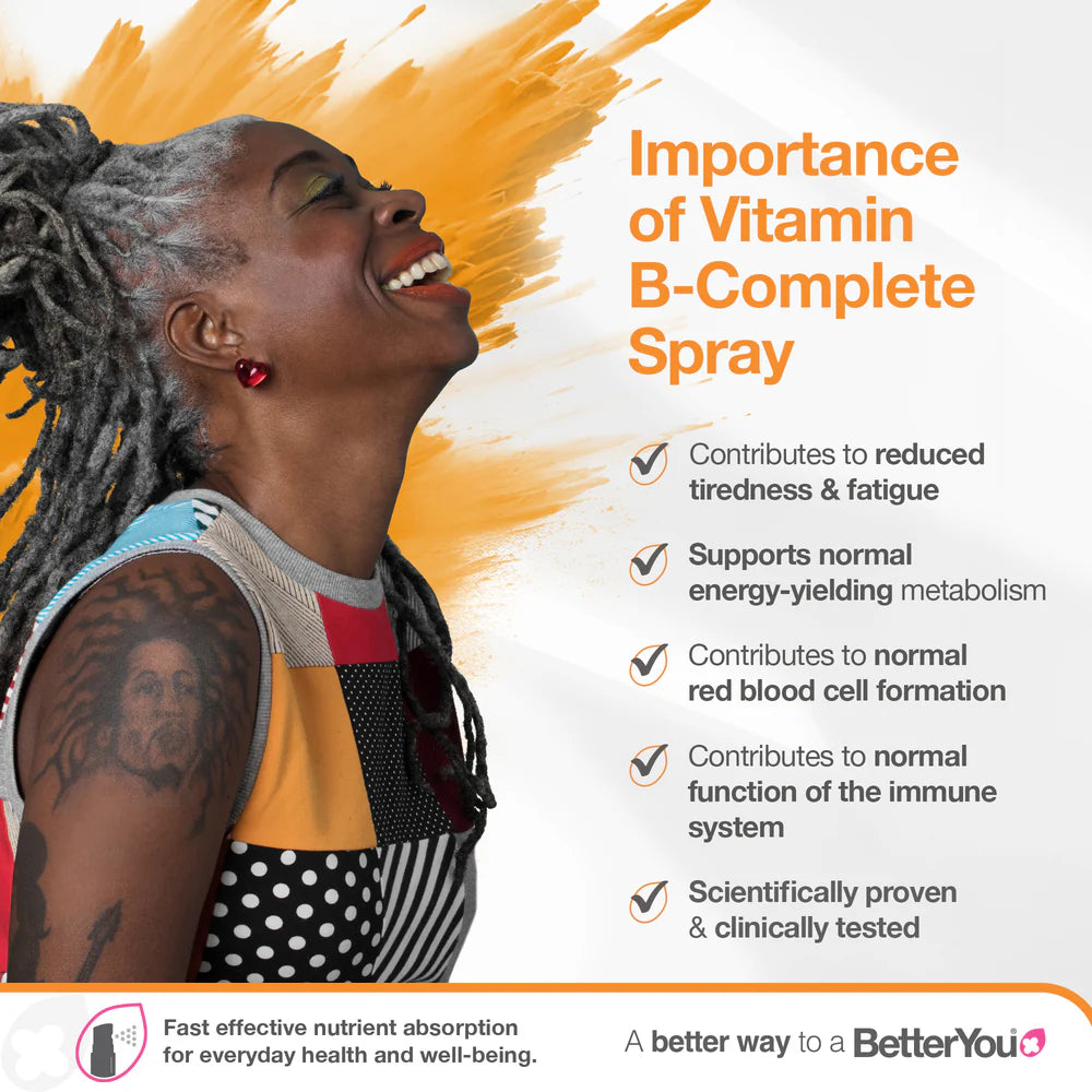 BetterYou Vitamin B-Complete Oral Spray bottle with product packaging, highlighting B-vitamins and suggested for daily energy support, available at Fisa Health.