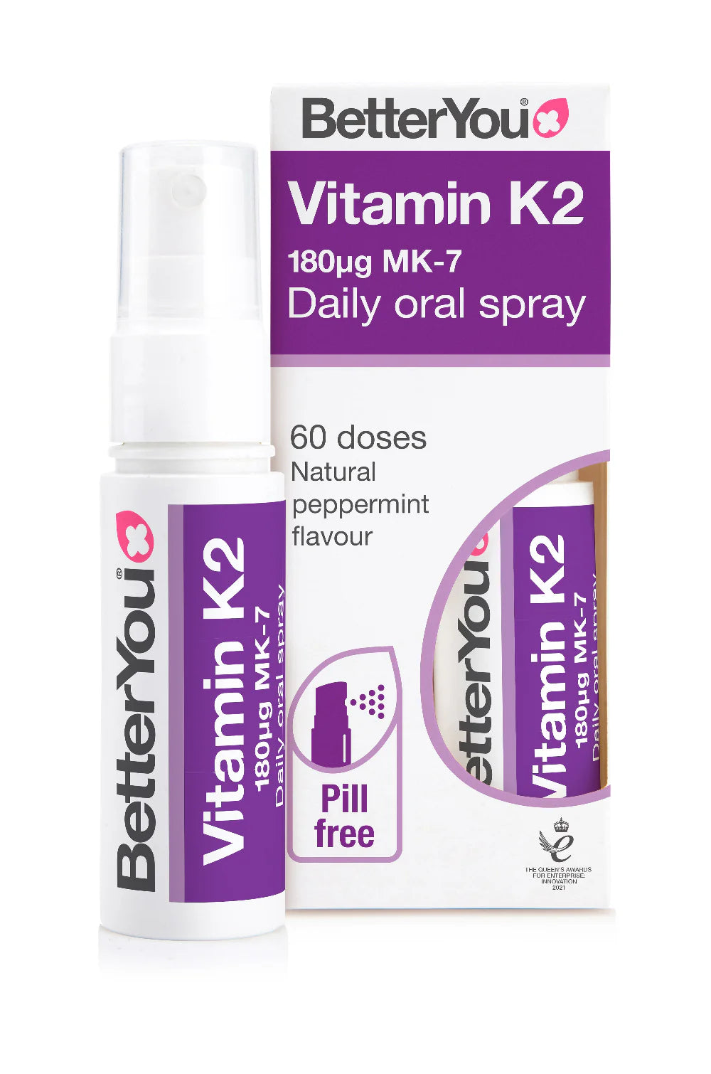 BetterYou Vitamin K2 Oral Spray, 180µg MK-7, peppermint flavour, 60 pill-free doses. Product packaging displayed, available at Fisa Health.