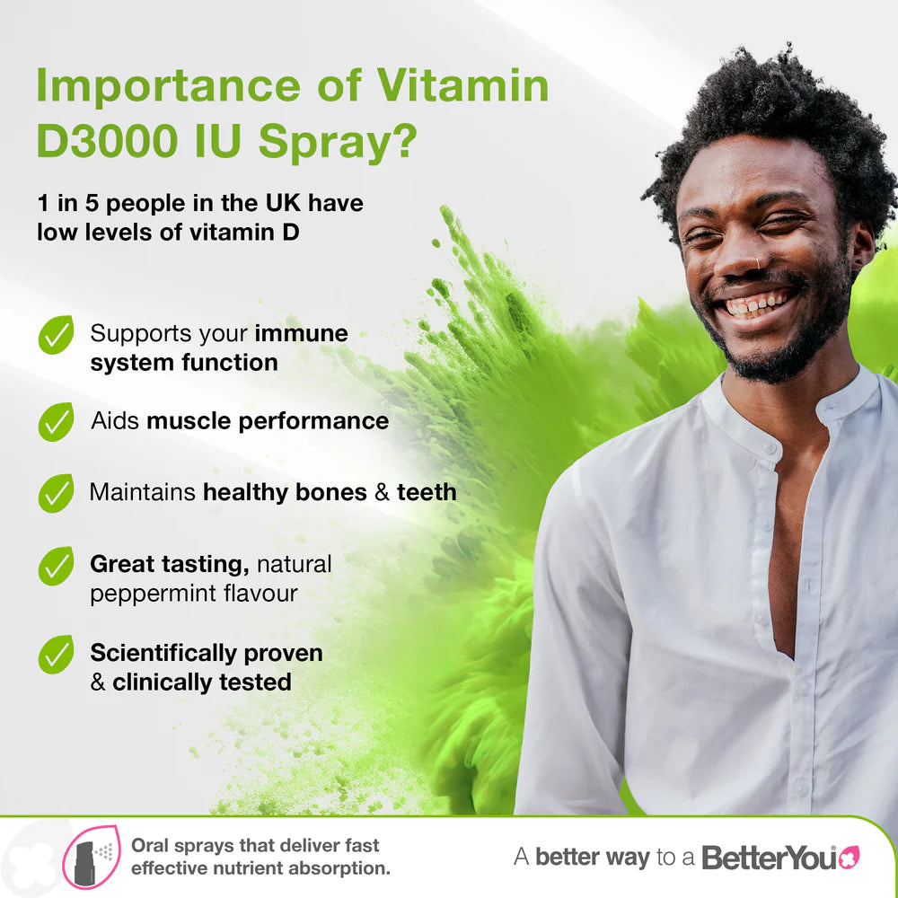 Smiling man in a white shirt stands next to text featuring BetterYou Vitamin D3 3000iu Oral Spray, with a green splash background, available at Fisa Health.
