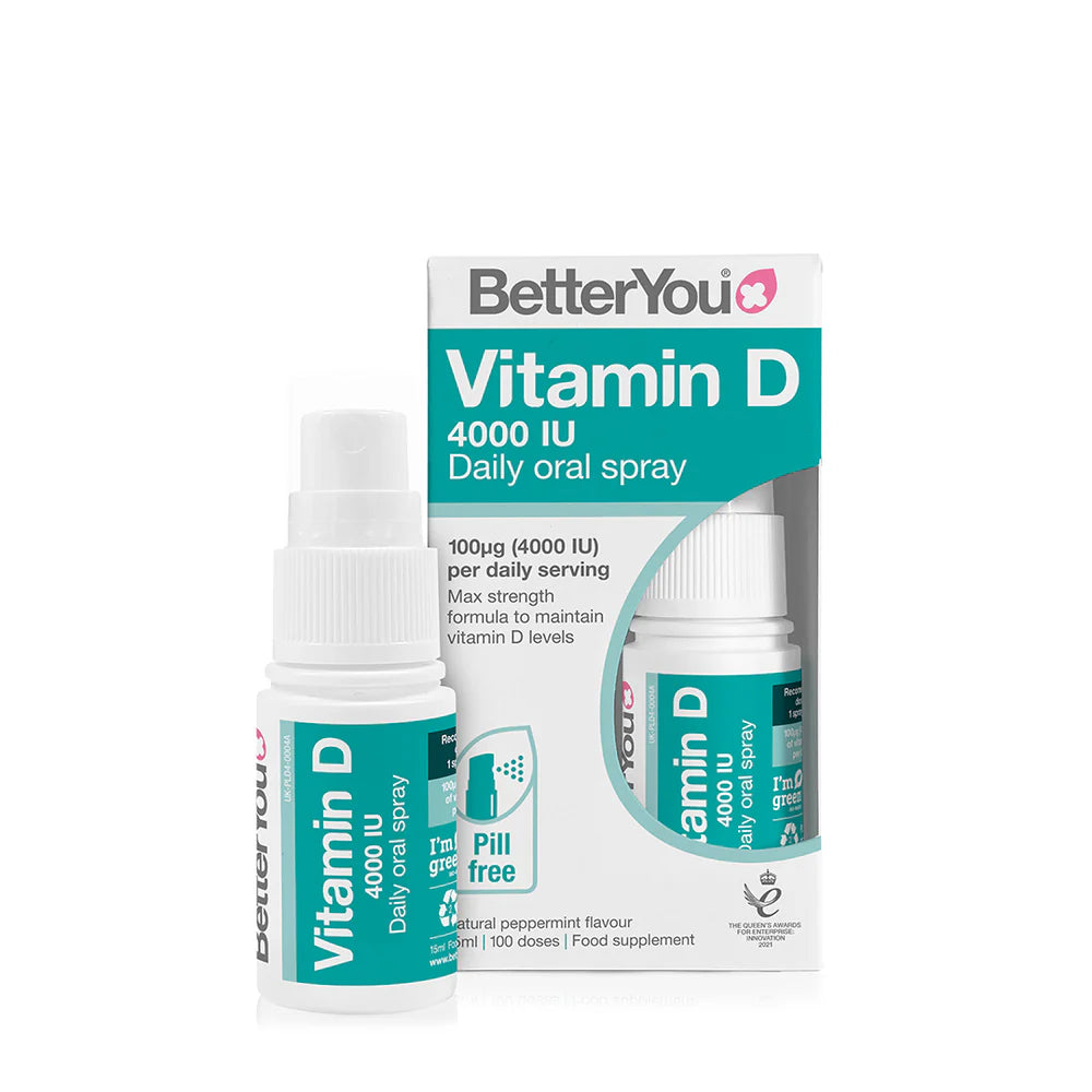 BetterYou Vitamin D3 4000iu Oral Spray, peppermint flavor, with bottle and box displayed, available at Fisa Health.