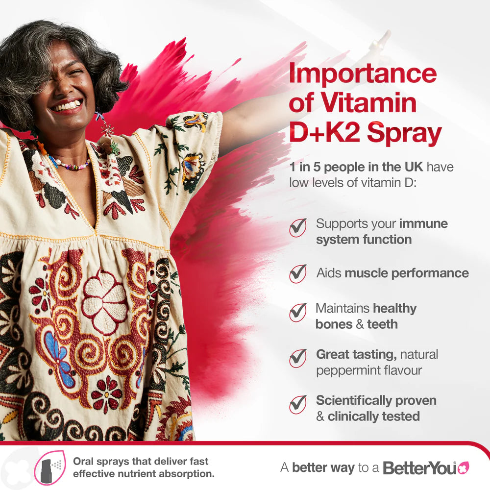 Smiling woman stands beside text displaying BetterYou - Vitamin D3 3000iu + K2 spray, described as great-tasting, available at Fisa Health.