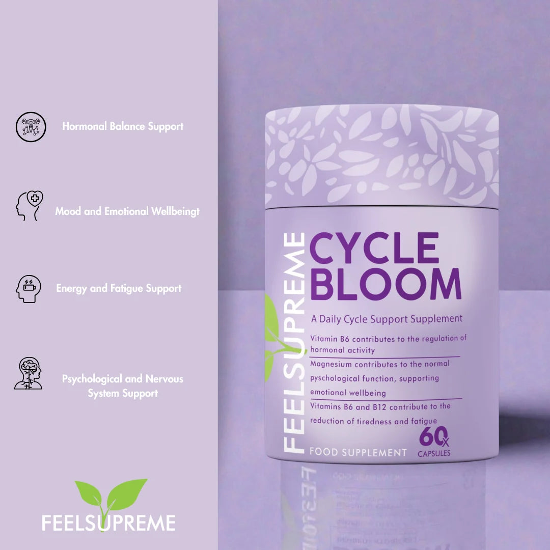 A bottle of Cycle Bloom | Clinically Proven PMS Support 60 caps by Feel Supreme is displayed with a purple label, available at Fisa Health.