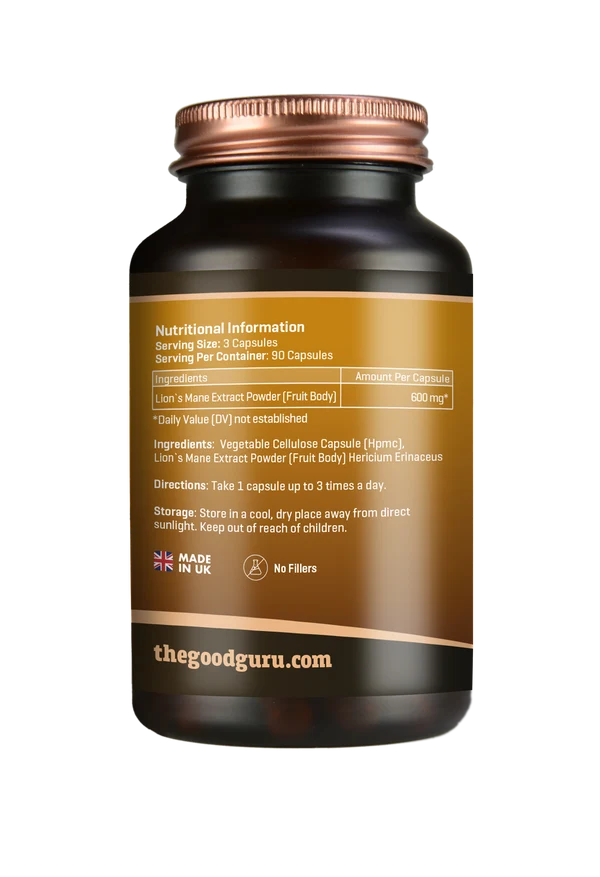 The Good Guru Lion’s Mane Mushroom Extract, 1800mcg, 90 capsules. Dark brown bottle with supplement facts and storage instructions. Available at Fisa Health.