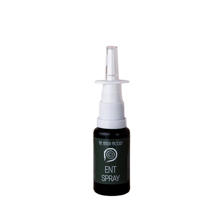 A small dark bottle labeled ENT Spray with a clear nozzle and white cap, intended for nasal use, available at Fisa Health.