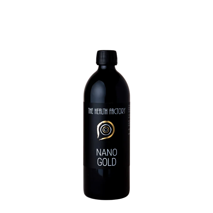 A sleek black bottle labeled Nano Gold with a modern design and a gold spiral logo is displayed against a plain white background, available at Fisa Health.