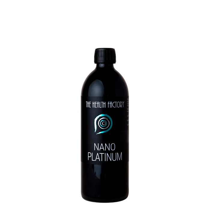 A black bottle labeled Nano Platinum with a blue spiral logo stands on a plain white background, available at Fisa Health.