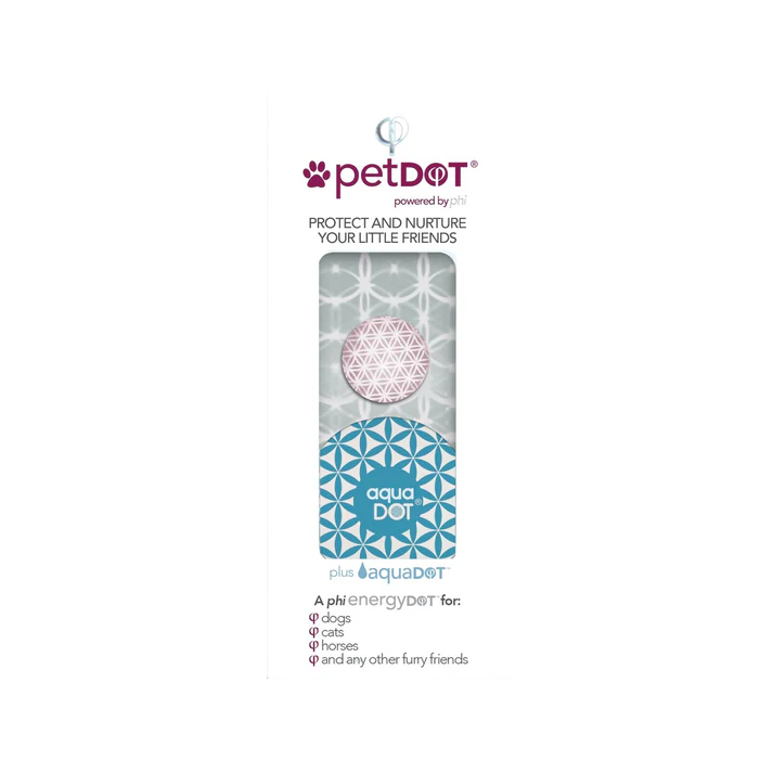 The image shows petDOT + aquaDOT packaging, displaying two circular discs as a pet accessory and water bowl companion for dogs, cats, and horses; available at Fisa Health.