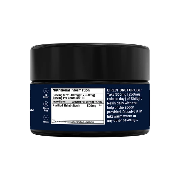 Black jar of The Good Guru Pearl Shilajit Resin, 30g, with label details including nutrition and usage instructions, available at Fisa Health.