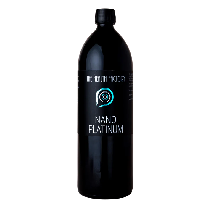 A black plastic bottle with the label "Nano Platinum" and a blue spiral logo, set against a plain white background; available at Fisa Health.