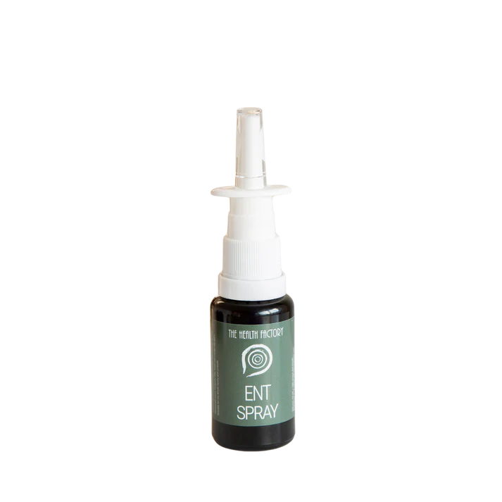 A small dark bottle labeled "ENT Spray" with a white nasal nozzle is shown against a plain white background; available at Fisa Health.