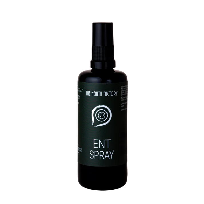 A black spray bottle labeled ENT Spray, with a white spiral logo on the label, displayed on a dark green background; available at Fisa Health.